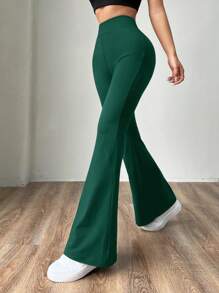 SHEIN EZwear 1pc Women's Knit Olive Green Skinny Flare Pants - Dark Green - View 4