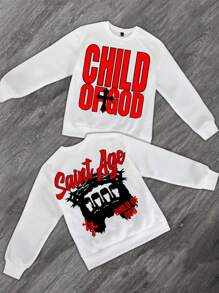 Manfinity EMRG Men's Casual Loose Letter Print Crew Neck Sweatshirt, Autumn & Winter Going Out Graphic Long Sleeve Sweatshirt, For Friends, Husband, Boyfriend Gifts - White - View 1