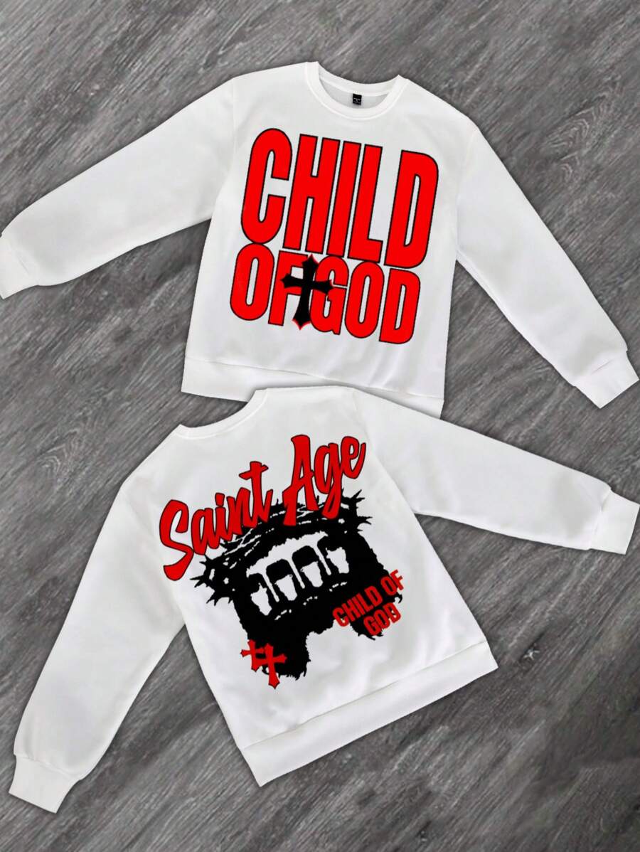 Manfinity EMRG Men's Casual Loose Letter Print Crew Neck Sweatshirt, Autumn & Winter Going Out Graphic Long Sleeve Sweatshirt, For Friends, Husband, Boyfriend Gifts - White - View 1