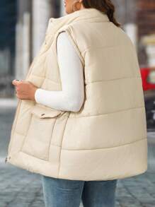 SHEIN LUNE Ropa de invierno talla grande Abrigo acolchado sin mangas con bolsillos y cremallera - Champán - Ver 2