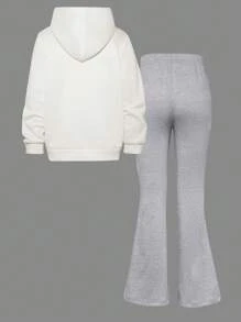 SHEIN ChillGRL 2 件 Tween 女童休闲花卉贴花连帽衫和运动裤套装，秋冬 - 彩色 - 查看 2