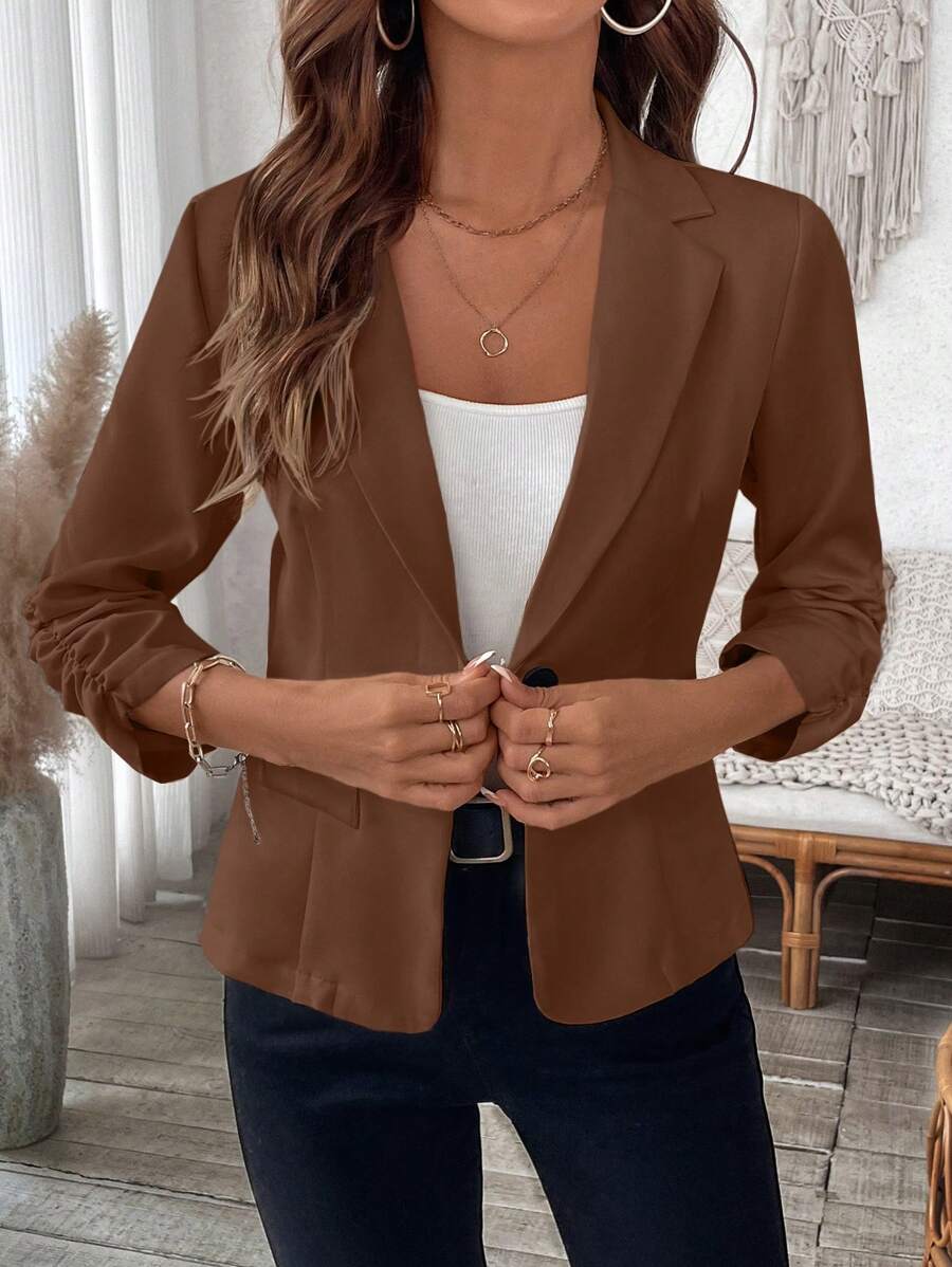 Women Spring & Summer Solid Color Ruched Cuffs Suit Jacket , Bussines Casual Women - Brown - View 1