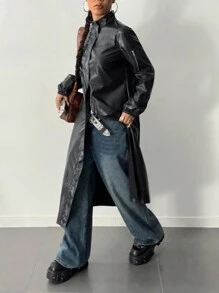 StreetHx Casual Solid Color Stand Collar Long Regular Jacket, Autumn - Black - View 5