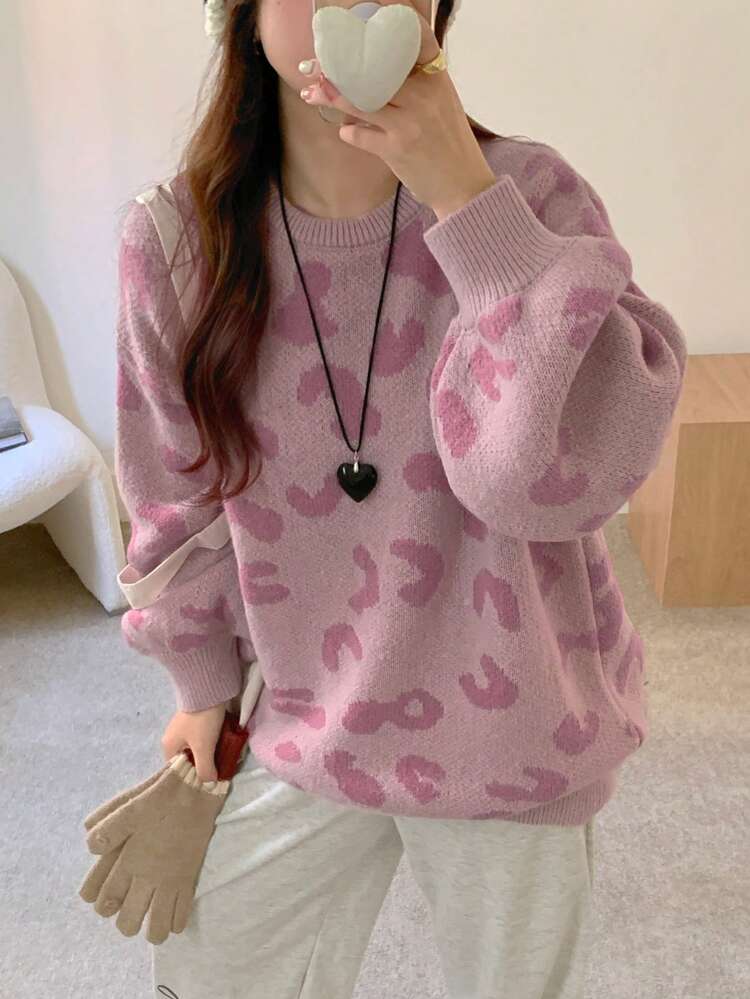 Women's Crew Neck Contrast Color Jacquard Leopard Pattern Long Sleeve Sweater,Long Sleeve Tops Valentine Valentine's Day,Fall Women Clothes