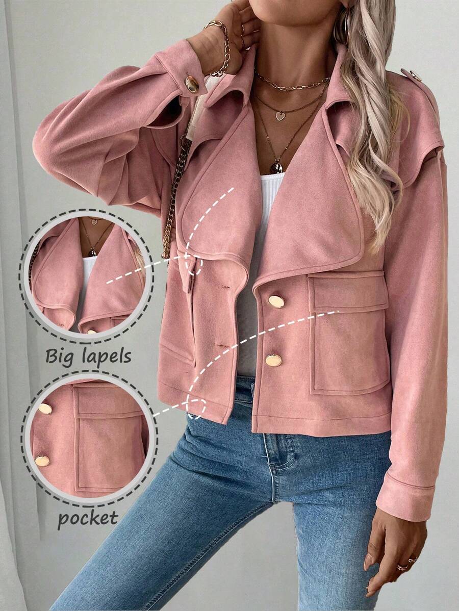 SHEIN LUNE Women's Solid Color Single Breasted Long Sleeve Cargo Pocket Short Jacket, Spring Autumn - Pink - View 1