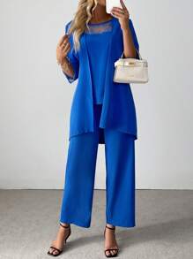 SHEIN LUNE Conjunto casual de 3 piezas para mujer: chaqueta de manga media en unicolor, blusa con empalmado de encaje y pantalones - Azul - Ver 1