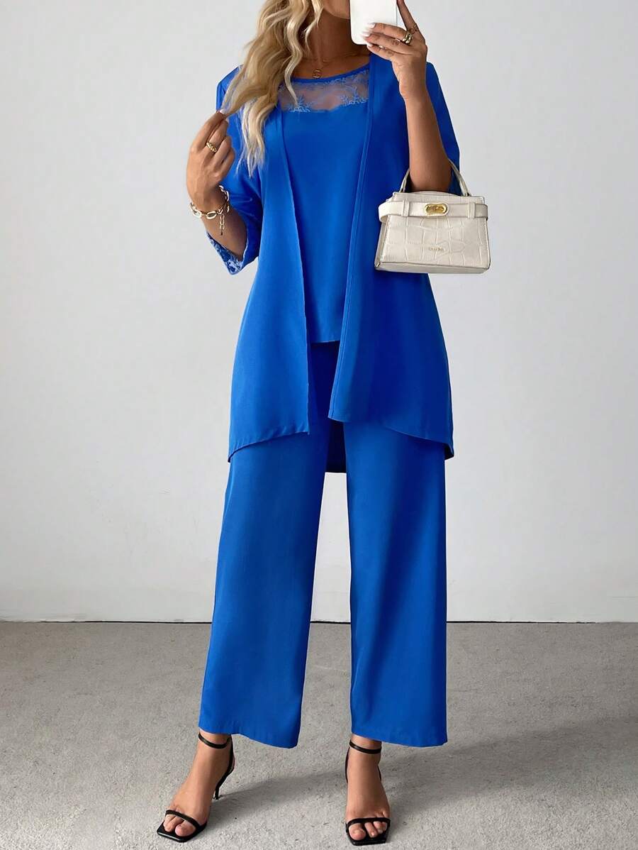 SHEIN LUNE Conjunto casual de 3 piezas para mujer: chaqueta de manga media en unicolor, blusa con empalmado de encaje y pantalones - Azul - Ver 1