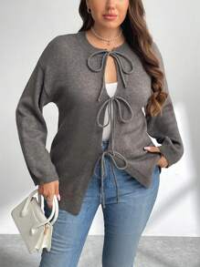 SHEIN Privé Plus Size Casual Elegant Simple Gray Long Sleeve Crew Neck Tie Cardigan For Women, Fall/Winter