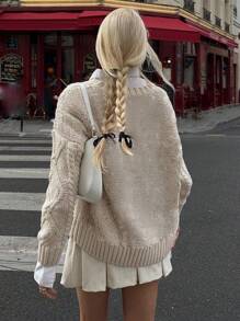 Women's Crew Neck Long Sleeve Casual Warm Cable Knit Sweater, Autumn/Winter - Apricot - View 5