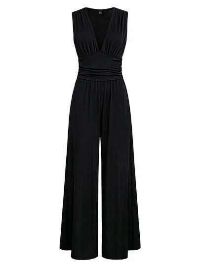 Opuloom Women's Summer Solid Color Deep V-Neck Pleated Sleeveless Wide Leg Elegant Jumpsuit