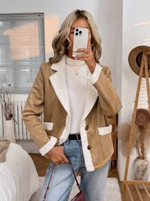 SHEIN LUNE Áo khoác dài tay ấm áp có túi lông thường ngày dành cho nữ - Màu Khaki - Xem 2