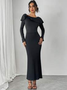 Chiquease فستان أنيق بأكمام طويلة وياقة دائرية ذو موحد اللون - الأسود - مشاهدة 4