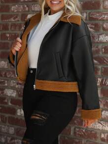 SHEIN LUNE Plus Size Stand Collar Zipper Contrast Color Long Sleeve Casual Fashion Jacket Thanksgiving Outfit/Leather Jacket Plus Size /Hollowed Costumes Holiday Outfit