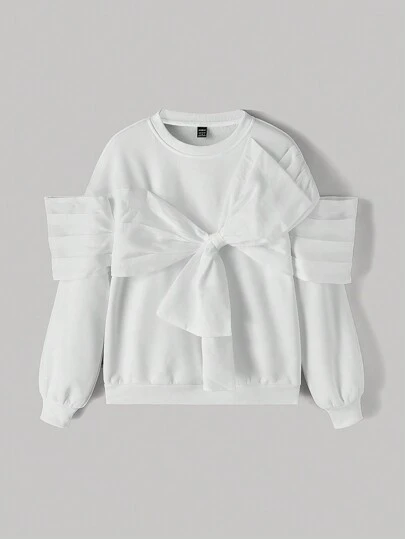 SHEIN MOD White Voluminous Bow Casual Loose Fit Sweatshirt For Women, Autumn/Winter Women Sweatshirt Babydoll Women Dress