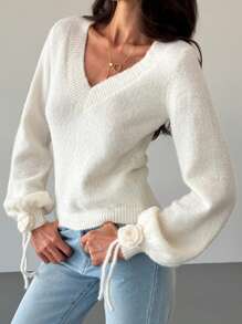 Aloruh Romantic V-Neck Fitted Lantern Sleeves 3D Floral Apricot Color Sweater For Women
