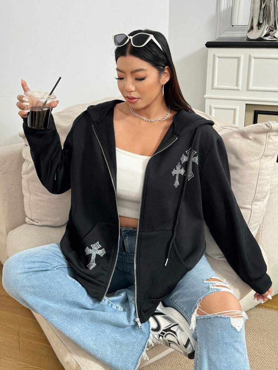 SHEIN EZwear Plus Size Women's Rhinestone Embellished Hooded Zip Up Sweatshirt - Black - View 1