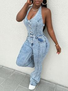 Slaydiva Damen Jeans-Latzhose und Jumpsuits Sexy taillierter Bodycon-Jumpsuit mit ausgestelltem Bein, blauer rückenfreier Jumpsuit, sexy Jumpsuit mit Hohlräumen, Thanksgiving-Outfit für Frauen - Helle Waschung - Übersicht 5