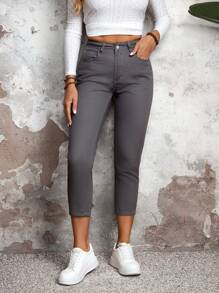 SHEIN LUNE Casual Solid Color Slim Fit Denim Pants - Dark Grey - View 6