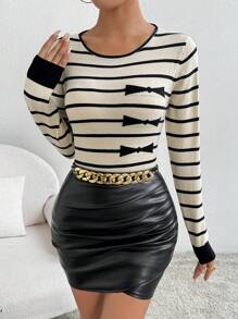 Chiquease Áo len nữ dài tay ôm sát, cổ tròn, kẻ sọc, thêu máy và đính nơ, kiểu dáng mùa thu đông. - Nhiều màu - Xem 4