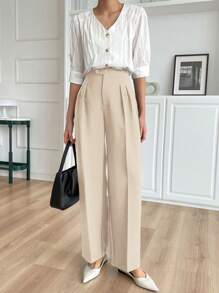 DAZY Women Straight Leg Dress Pants With Asymmetrical Waistline - Beige - View 3