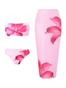 Swim Oasis Bộ đồ mùa hè 3 món cho nữ: Áo Bandeau in họa tiết, Quần tam giác tiêu chuẩn và Chân váy dài, Đồ mặc đi nghỉ - Hồng - Xem 5