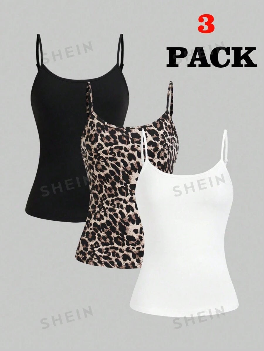 SHEIN Essnce Conjunto de 3 trajes de mujer que incluye: chaleco de traje de mujer, abrigo base de otoño con estampado de leopardo, top de tirantes espagueti negro, top de tirantes espagueti blanco. Estos tops de tirantes espagueti se pueden usar por dentro. Ropa de otoño para mujer con estampado de leopardo y tops de tirantes espagueti. Ropa de otoño para mujer talla grande con atuendos de Halloween.