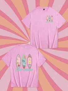 Tseoso Áo thun nữ cổ tròn tay ngắn họa tiết lướt sóng và trượt ván màu hồng cỡ lớn, giản dị và đơn giản, phù hợp cho mùa thể thao mùa hè - Màu Hồng baby - Xem 7