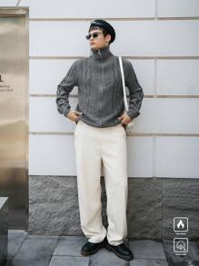 Manfinity Hypemode Men's Casual Solid Color Front Zip Cardigan, Autumn & Winter - Dark Grey - View 6