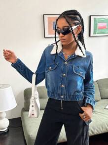 SHEIN Explorewe Teens/Teen Girl's Loose Fluffy Collar Y2K Personalized Denim Jacket