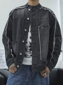 Claim Dot Men's Casual Street Wear Rapper Plain Dark Denim Jacket With Pockets And Frayed Hem, Spring Autumn, For Going Out - Black - View 3