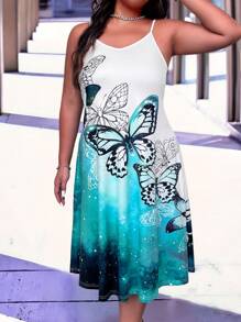 SHEIN LUNE Plus Size Women's Spaghetti Strap Butterfly Print Fitted Knit Dress - Multicolor - View 1