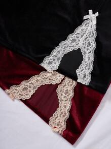 SilkySpell 2 pezzi/Set Camicia da notte da donna in velluto con inserti in pizzo, spalline a spaghetti, abbigliamento autunno inverno