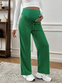 SHEIN Maternity Casual Colorblock Striped High Waist Straight Leg Pants - Green - View 5
