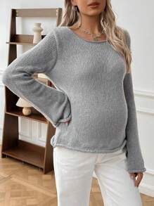SHEIN Maternity Solid Color Crew Neck Casual Long Sleeve Sweater, For Winter - Grey - View 4