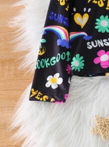 SHEIN 2pcs/Set Young Girl Casual Cartoon Printed Loose Fit Round Neck Long Sleeve Top And Elastic Waist Cartoon Printed Flared Pants Outfit