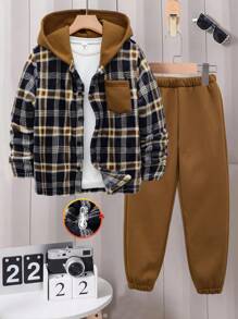 SHEIN 2 pezzi Set di giacca con cappuccio e pantaloni jogger a quadri alla moda per bambino preadolescente, per Natale