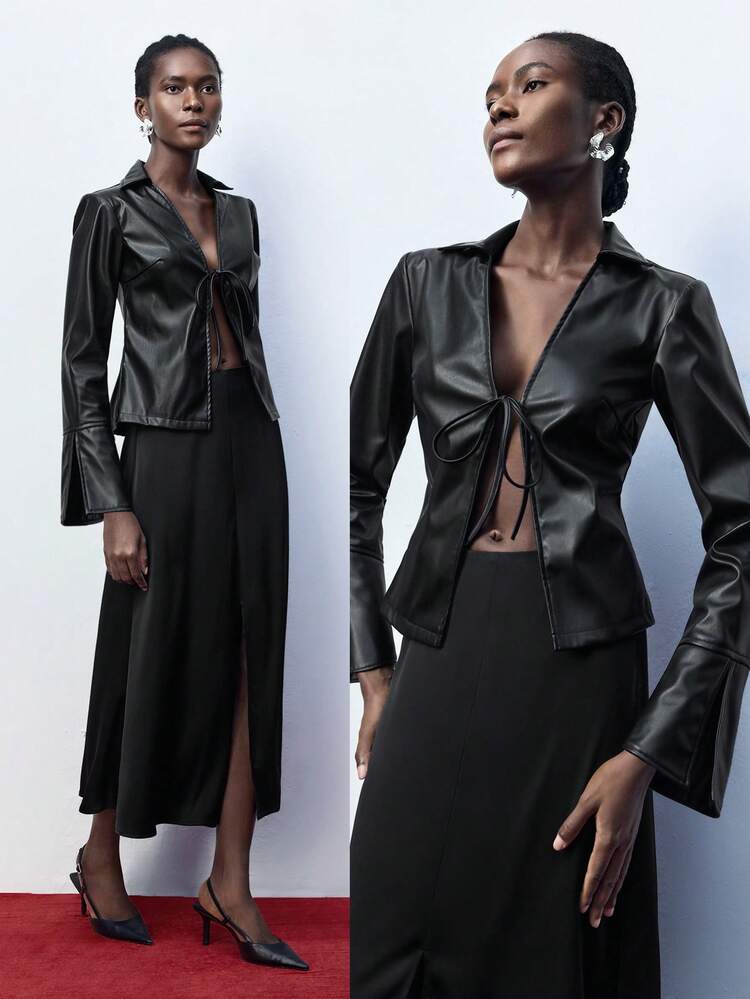 SHEIN Maija Veste en PU noire unie avec nœud devant, pour port casual quotidien pour femmes