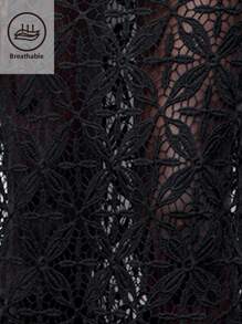 Maija 女士黑色领口前扣纯色水溶性花卉蕾丝拼接优雅时尚性感度假长袖衬衫，适合所有季节 - 黑色 - 查看 8