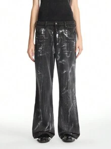 NEON BLANC Men's Salt-Washed Flared Leg Long Denim Jeans - Grey - View 3