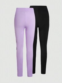 Sparklyn Set de 2 piezas de leggings para niñas preadolescentes, estampado de corazones negro y rosa, cómodos y versátiles para uso casual - Multicolor - Ver 2