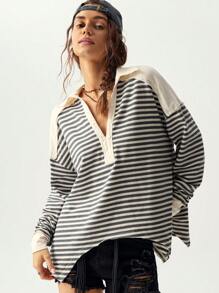 Bohemela 宽松不对称下摆半开领蓝白条纹针织休闲女式长袖T恤，秋季