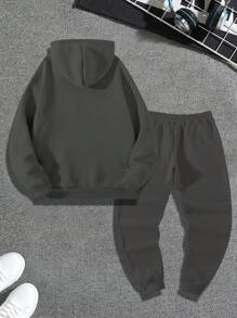 Manfinity Homme 2pcs Men's Letter Print Hoodie Sweatshirt And Drawstring Sweatpants Casual Set - Dark Grey - View 2