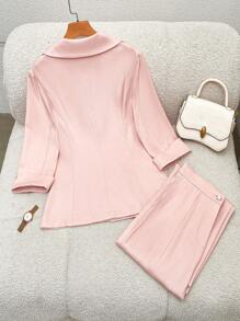 Franclia 2pcs Stylish Casual X-Collar, Pleated, Lapel Design, Mid-Sleeve Blazer Set For Autumn/Winter - Pink - View 2