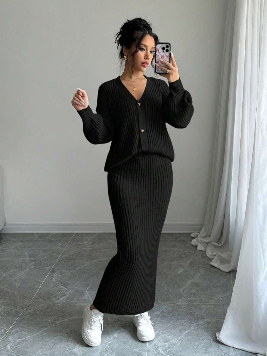 Selianne 女式纯色长袖单排扣开衫和针织 A 字中长裙休闲两件套，秋冬