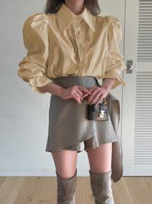 DAZY 纯色前扣领优雅长袖衬衫 - 卡其色 - 查看 2