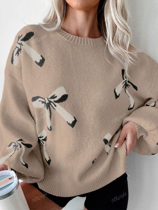 Suéter casual de mujer con cuello redondo, hombros caídos y diseño de mariposa, color nuez moscada, manga larga para otoño/invierno