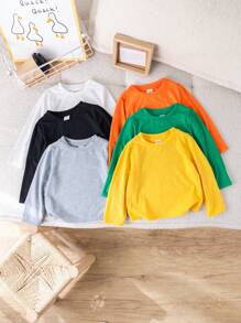 SHEIN Bộ 6 áo thun tay dài chất thun co giãn màu trơn dễ thương cho bé trai/bé gái, thích hợp mặc vào mùa thu/đông - Nhiều màu - Xem 5