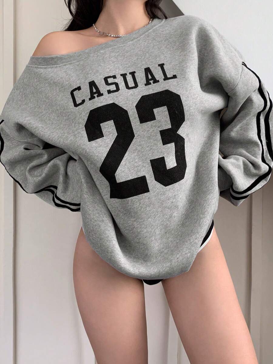 DAZY Contrast Color Knit Stripe Splice Fleece Pullover Sweatshirt For Women,Long Sleeve Tops,Fall Clothes Y2k - Grey - View 1