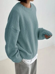 DAZY Loose Batwing Casual Solid Sweater, Fall/Winter - Mint Blue - View 4