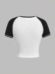 SHEIN Girlism Teenager Mädchen gestricktes T-Shirt mit Kontrast Farben, lässig geschnitten mit Dolman Ärmeln und Crop Länge